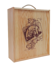 Caja de madera para tres botellas de cava con impresión detalle degüelle. Puerta corredera y asa téxtil